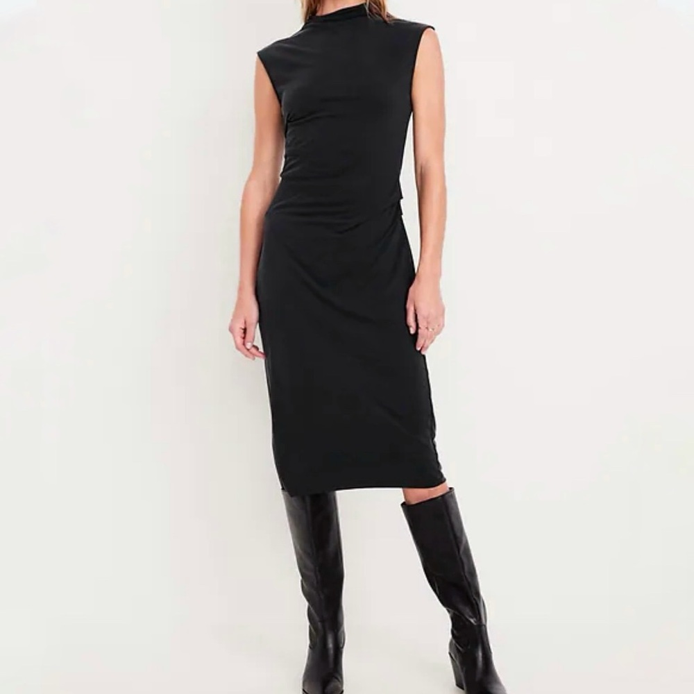 Old Navy Charcoal Grey Rib-Knit Ruch Sleeveless Mock‎ Neck Midi Dress Size XS